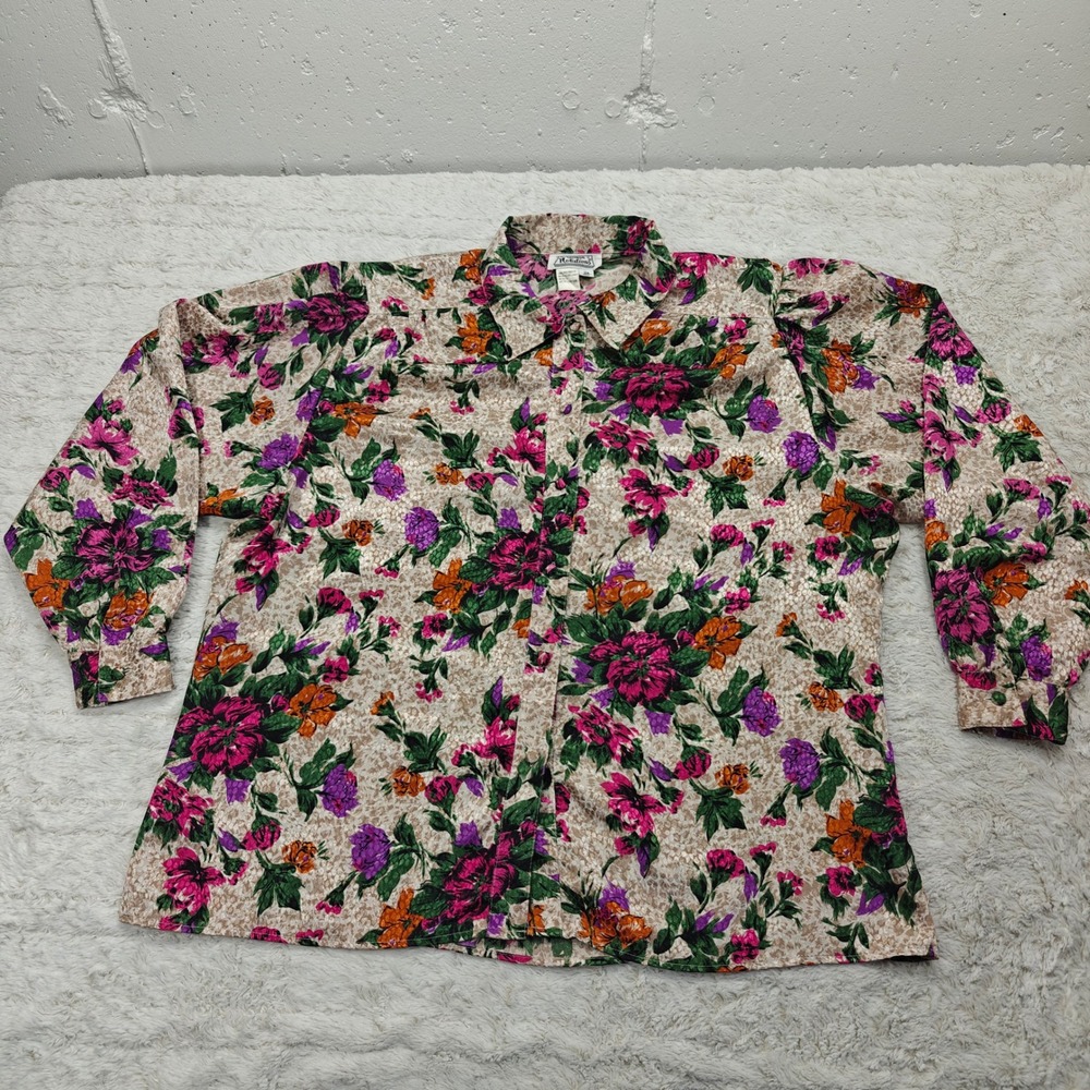 VTG Notations Floral Blouse Womens 18W Button Satin Cottagecore Secretary Office